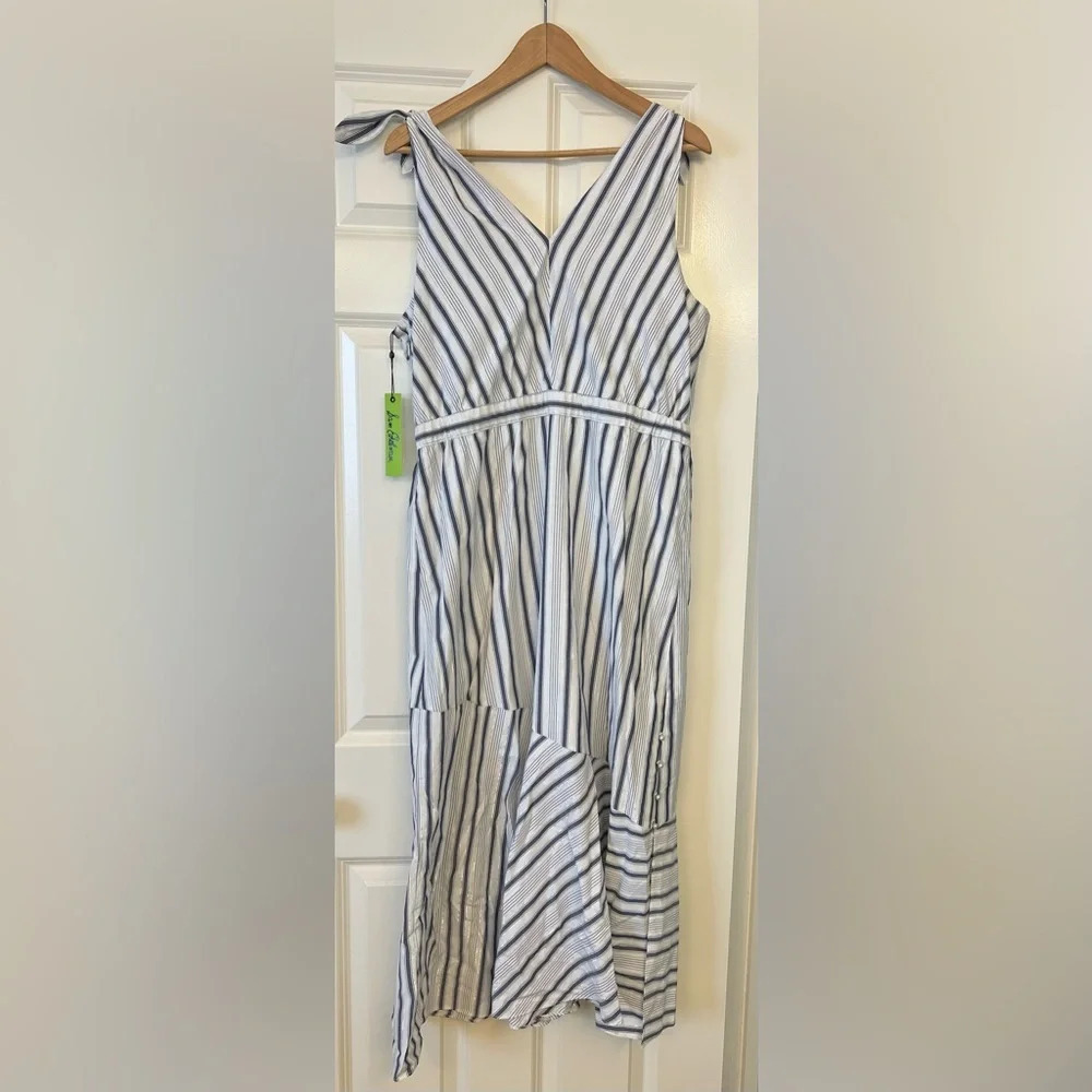 Sam Edelman Blue White Silver Metallic Stripe Sleeveless Maxi Dress Size Large - Picture 6 of 14